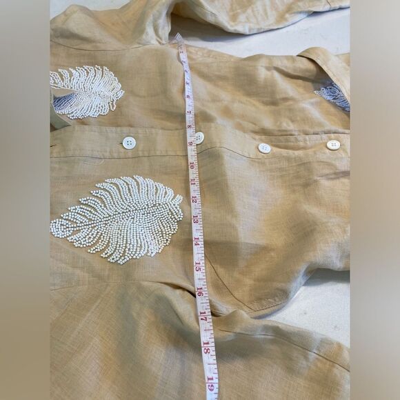 Zara 100% Linen White Beaded Leaf Tan Button Down Boho Collar Artsy Dress Small - Picture 9 of 12